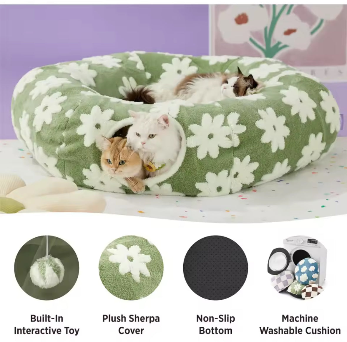 Cat Tunnel Bed for Indoor - Cute Cat Donut Tunnel with Washable Circle Cushion, Round Pet Peekaboo Cave Cats Toys