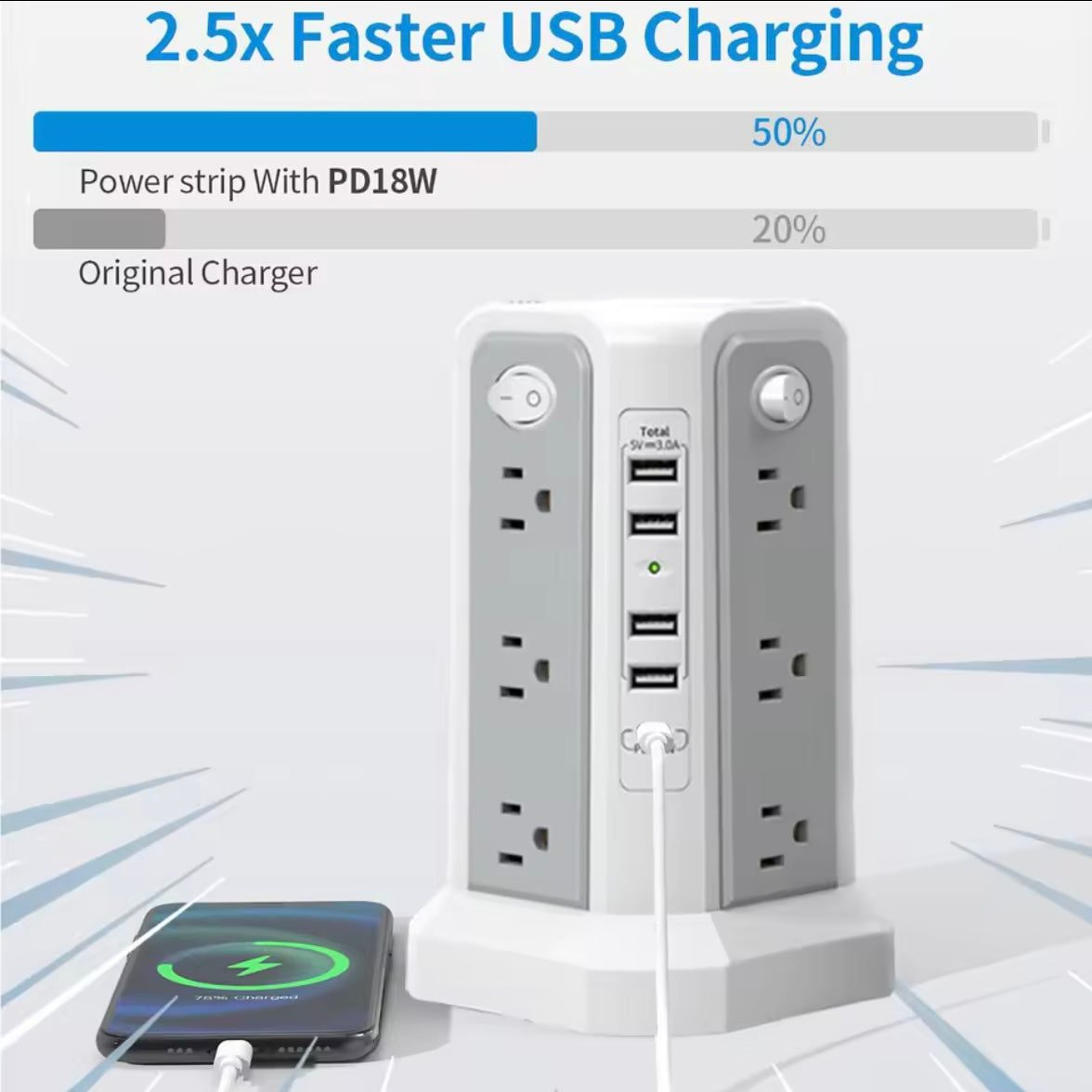 10FT Power Strip Tower/ Surge Protector