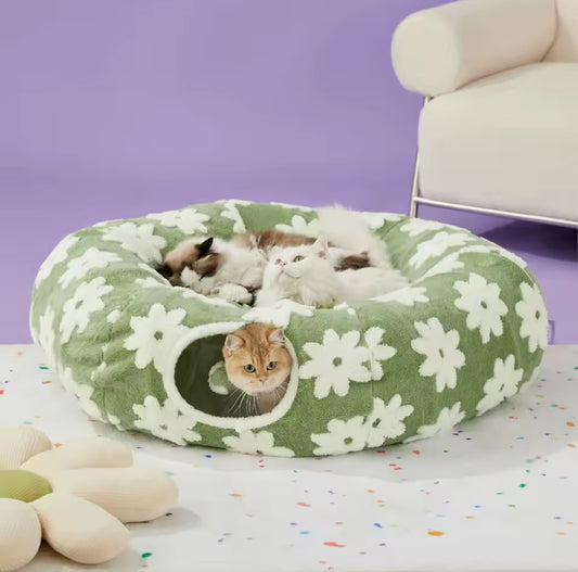 Cat Tunnel Bed for Indoor - Cute Cat Donut Tunnel with Washable Circle Cushion, Round Pet Peekaboo Cave Cats Toys